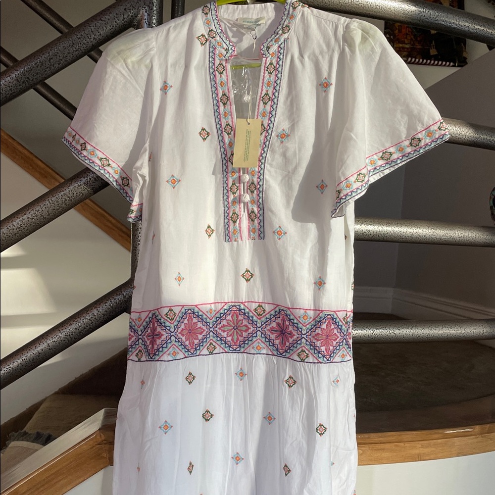 Sundance White Embroidered Dress with Pink and Blue Accents